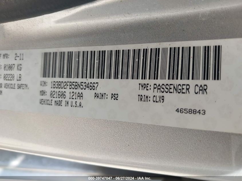 2011 Dodge Avenger Lux VIN: 1B3BD2FB5BN534667 Lot: 39747047