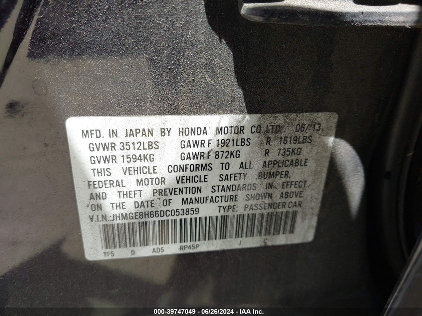 2013 Honda Fit Sport VIN: JHMGE8H66DC053859 Lot: 39747049