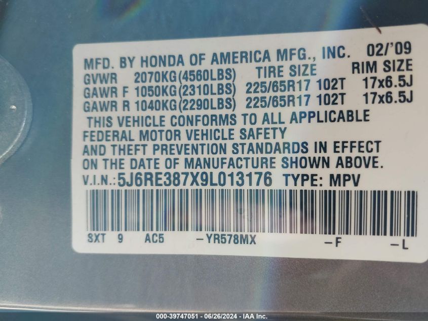2009 Honda Cr-V Ex-L VIN: 5J6RE387X9L013176 Lot: 39747051