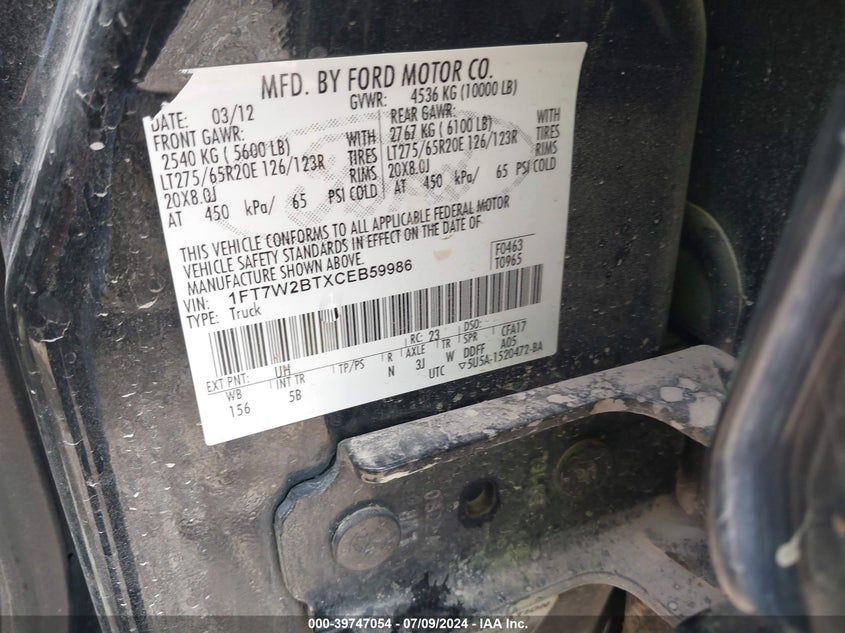 2012 Ford F-250 Lariat VIN: 1FT7W2BTXCEB59986 Lot: 39747054