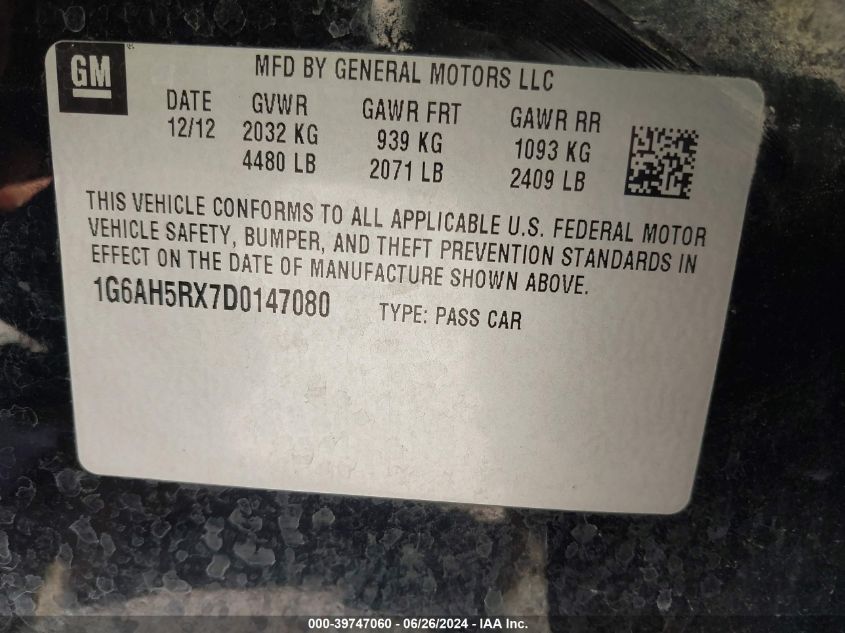 2013 Cadillac Ats Luxury VIN: 1G6AH5RX7D0147080 Lot: 39747060