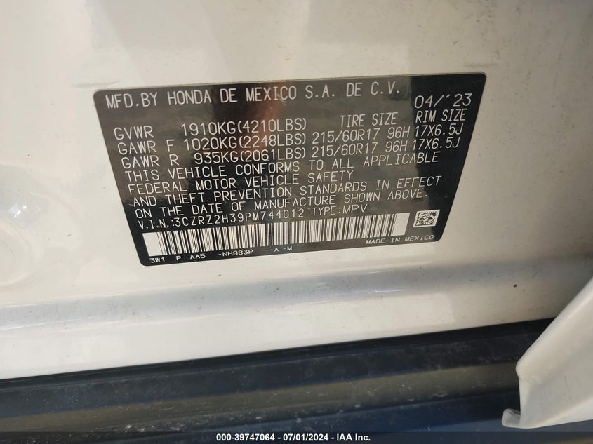 VIN 3CZRZ2H39PM744012 2023 HONDA HR-V AWD LX