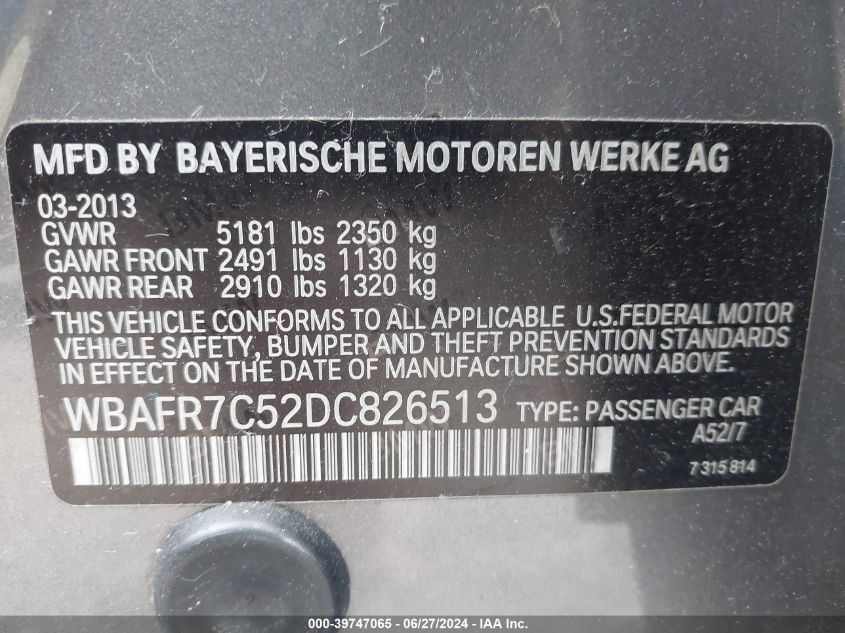 2013 BMW 535 I VIN: WBAFR7C52DC826513 Lot: 39747065