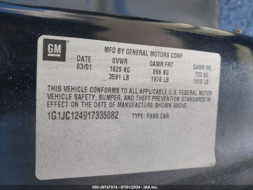 2001 Chevrolet Cavalier VIN: 1G1JC124917335082 Lot: 39747074