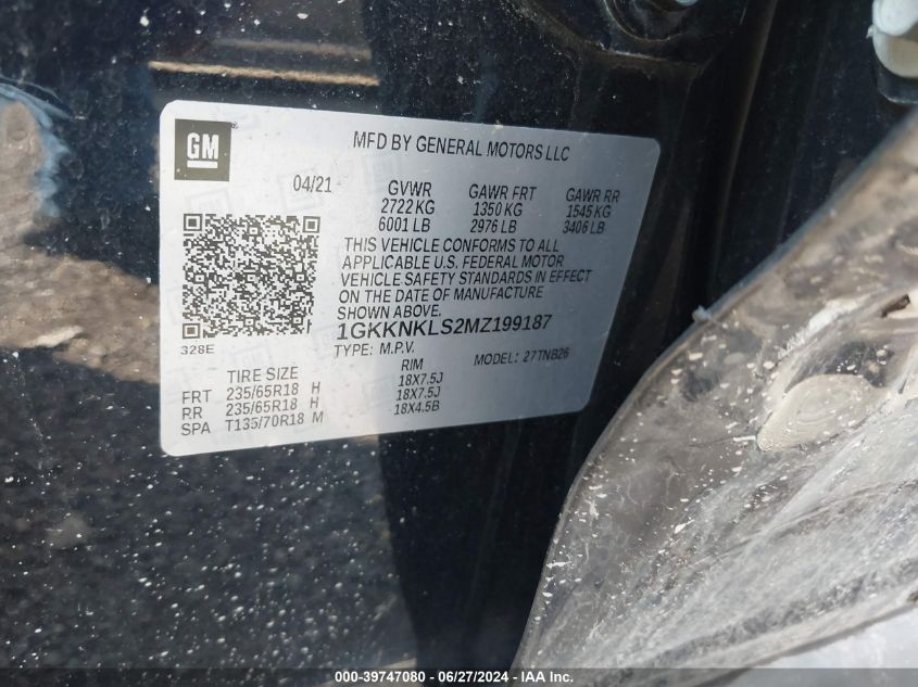 2021 GMC Acadia Sle VIN: 1GKKNKLS2MZ199187 Lot: 39747080