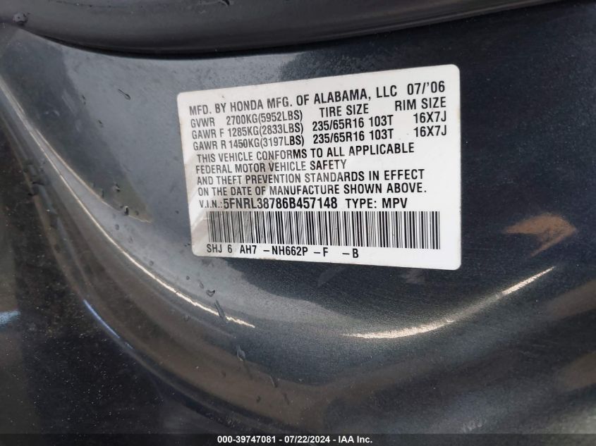 2006 Honda Odyssey Ex-L VIN: 5FNRL38786B457148 Lot: 39747081