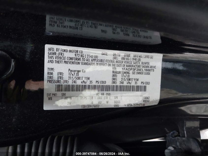 2014 Ford Focus Se VIN: 1FADP3F29EL166875 Lot: 39747084