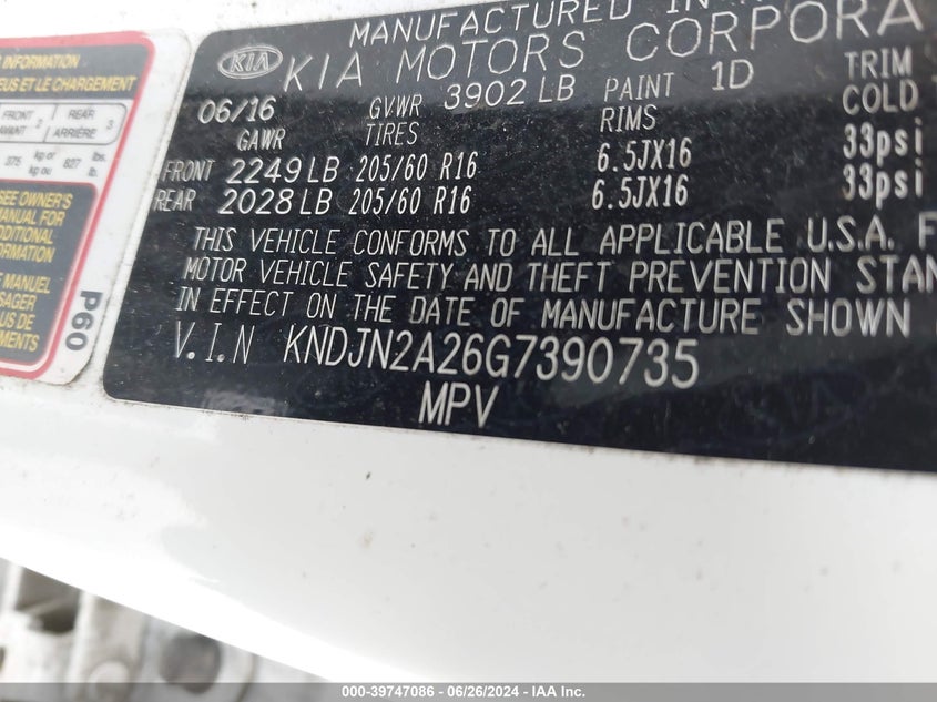 2016 Kia Soul VIN: KNDJN2A26G7390735 Lot: 39747086