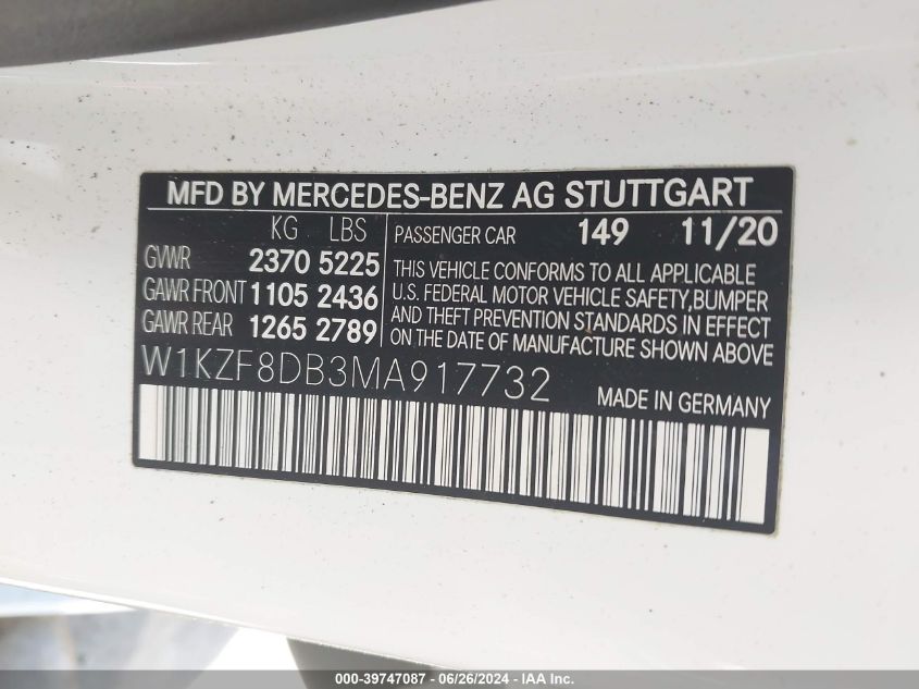 W1KZF8DB3MA917732 2021 Mercedes-Benz E 350