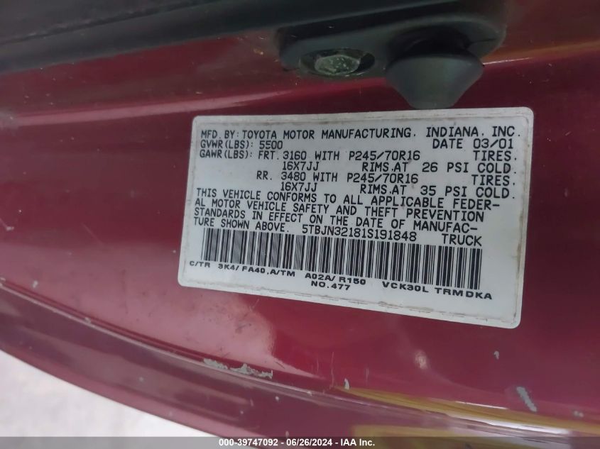 2001 Toyota Tundra VIN: 5TBJN32181S191848 Lot: 39747092