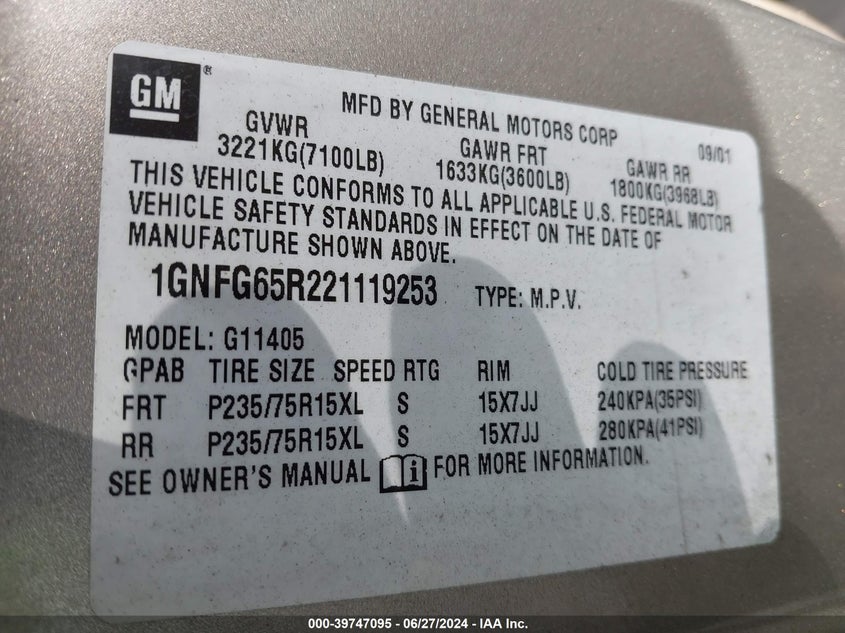 2002 Chevrolet Express Lt VIN: 1GNFG65R221119253 Lot: 39747095