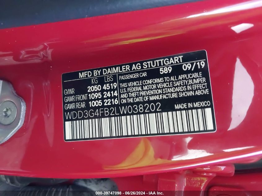 2020 Mercedes-Benz A 220 220 4Matic VIN: WDD3G4FB2LW038202 Lot: 39747098