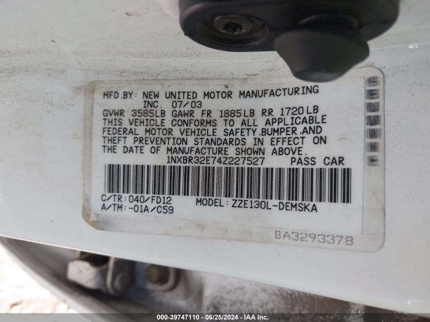 2004 Toyota Corolla S VIN: 1NXBR32E74Z227527 Lot: 39747110