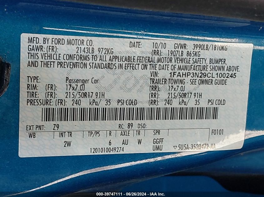 2012 Ford Focus Titanium VIN: 1FAHP3N29CL100245 Lot: 39747111