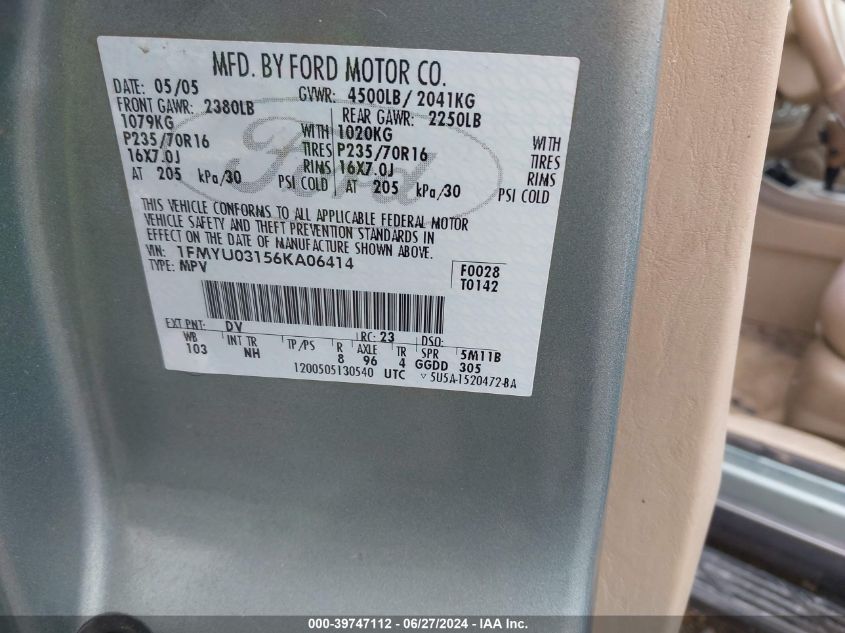 2006 Ford Escape Xlt VIN: 1FMYU03156KA06414 Lot: 39747112