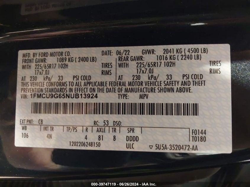 2022 Ford Escape Se VIN: 1FMCU9G65NUB13924 Lot: 39747119