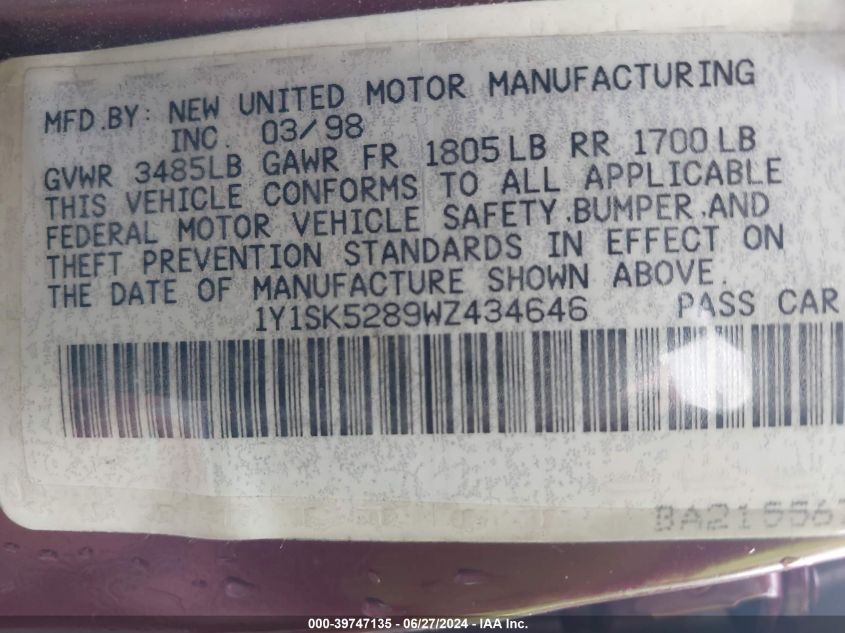 1998 Chevrolet Prizm Lsi VIN: 1Y1SK5289WZ434646 Lot: 39747135