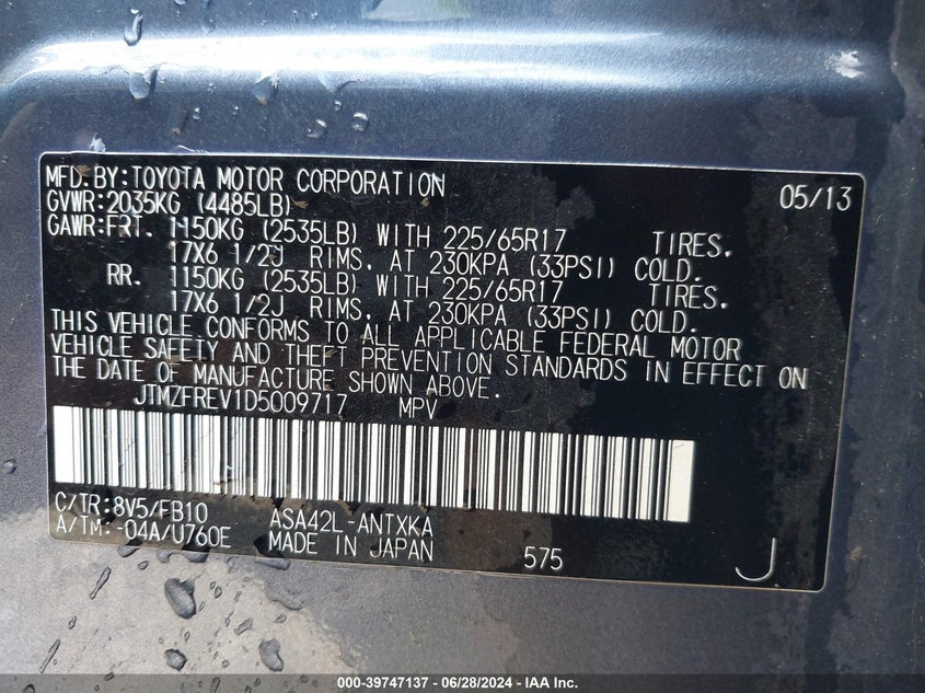 2013 TOYOTA RAV4 LE - JTMZFREV1D5009717