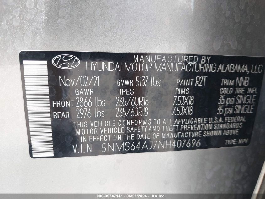 2022 Hyundai Santa Fe Sel VIN: 5NMS64AJ7NH407696 Lot: 39747141