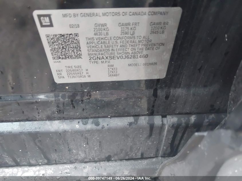 2018 Chevrolet Equinox Lt VIN: 2GNAXSEV0J6281460 Lot: 39747149
