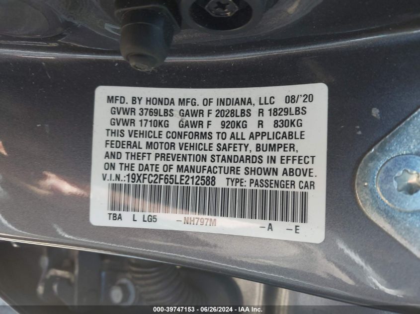 2020 Honda Civic Lx VIN: 19XFC2F65LE212588 Lot: 39747153