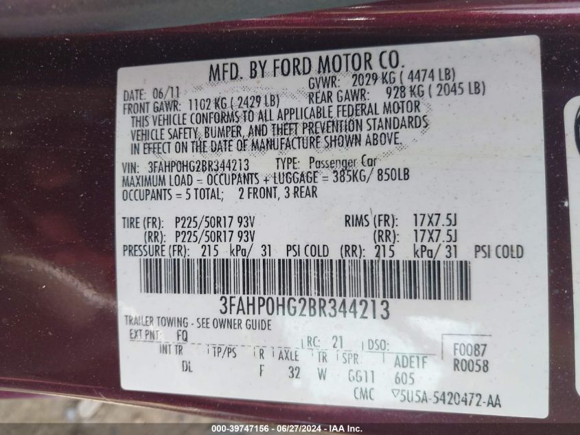 2011 Ford Fusion Se VIN: 3FAHP0HG2BR344213 Lot: 39747156