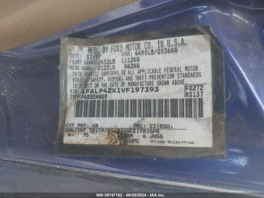 1997 Ford Mustang Gt VIN: 1FALP42X1VF197393 Lot: 39747162