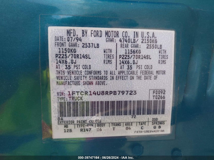 1994 Ford Ranger Super Cab VIN: 1FTCR14U8RPB79723 Lot: 39747164