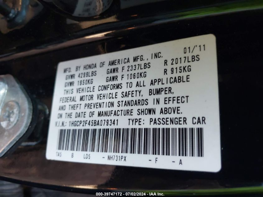 2011 Honda Accord 2.4 Lx-P VIN: 1HGCP2F45BA079341 Lot: 39747172
