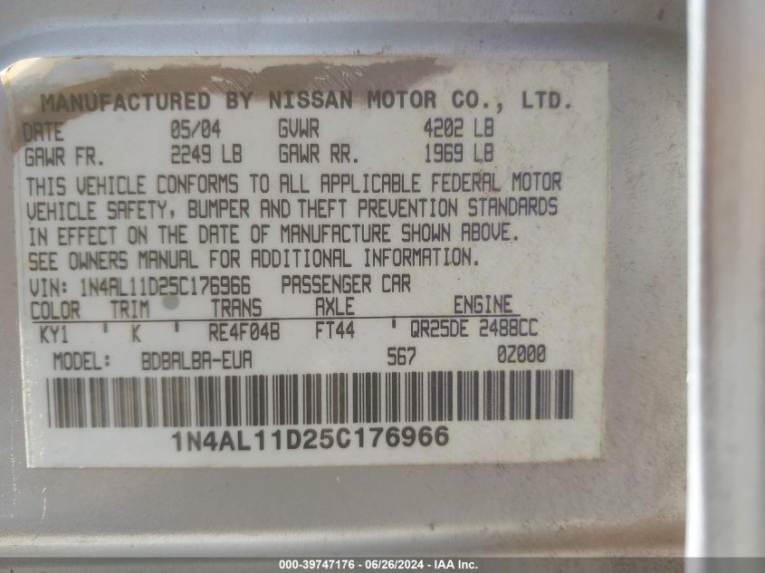 2005 Nissan Altima 2.5 S VIN: 1N4AL11D25C176966 Lot: 39747176