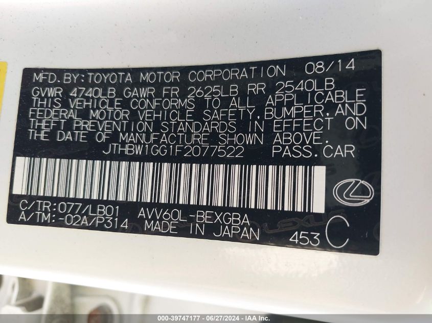 2015 Lexus Es 300H 300H VIN: JTHBW1GG1F2077522 Lot: 39747177