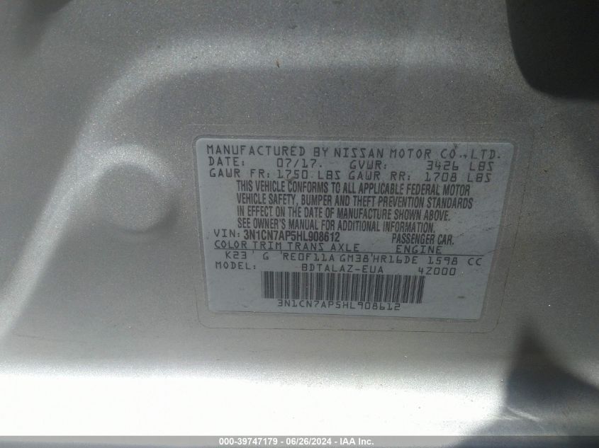 2017 Nissan Versa 1.6 S+ VIN: 3N1CN7AP5HL908612 Lot: 39747179