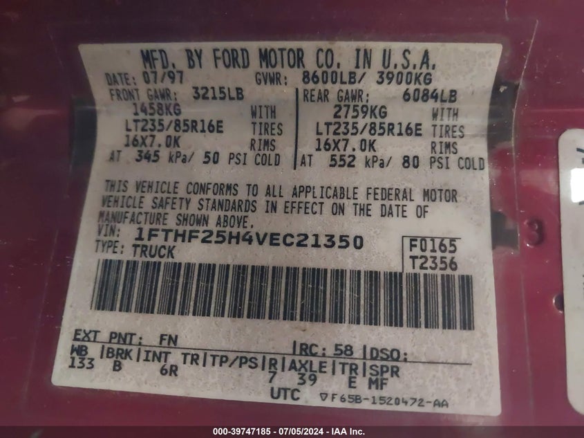 1997 Ford F-250 Xl VIN: 1FTHF25H4VEC21350 Lot: 39747185