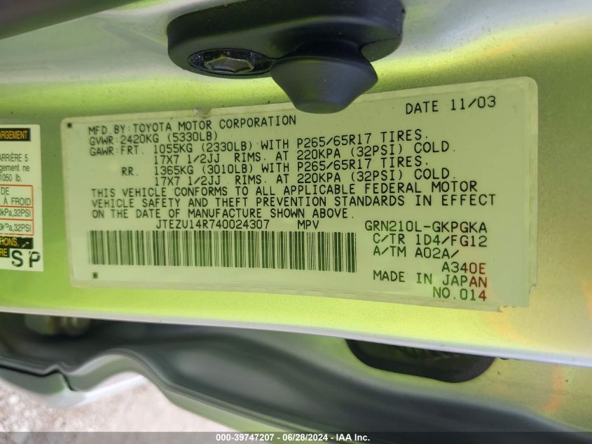 2004 Toyota 4Runner Sr5 V6 VIN: JTEZU14R740024307 Lot: 39747207