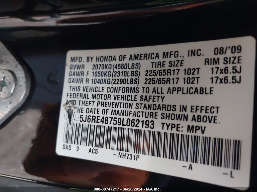 2009 Honda Cr-V Ex-L VIN: 5J6RE48759L062193 Lot: 39747217