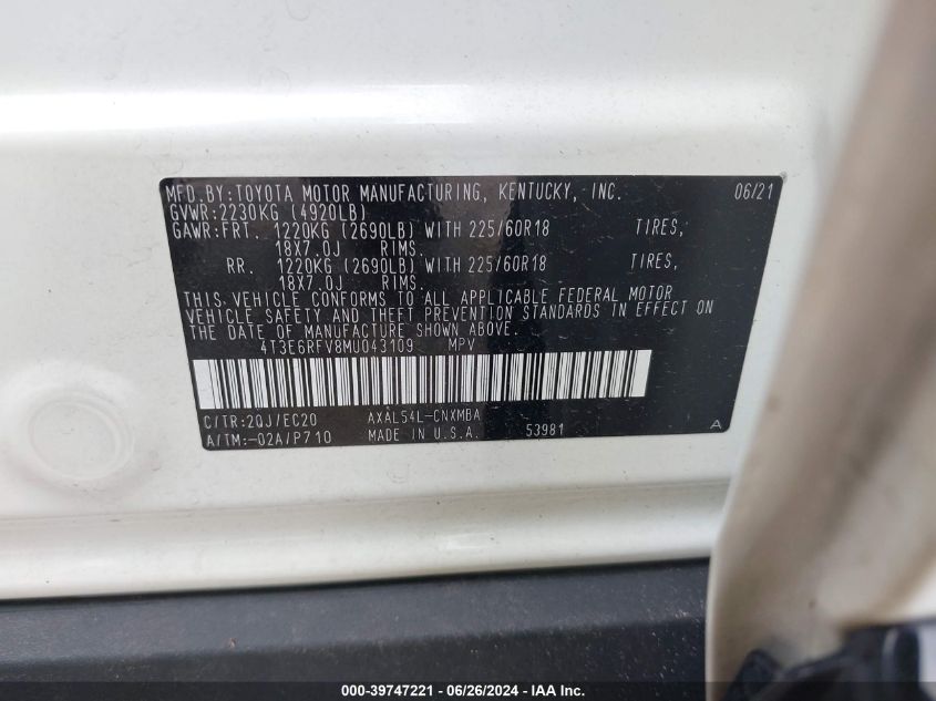 2021 Toyota Rav4 Hybrid Xse VIN: 4T3E6RFV8MU043109 Lot: 39747221