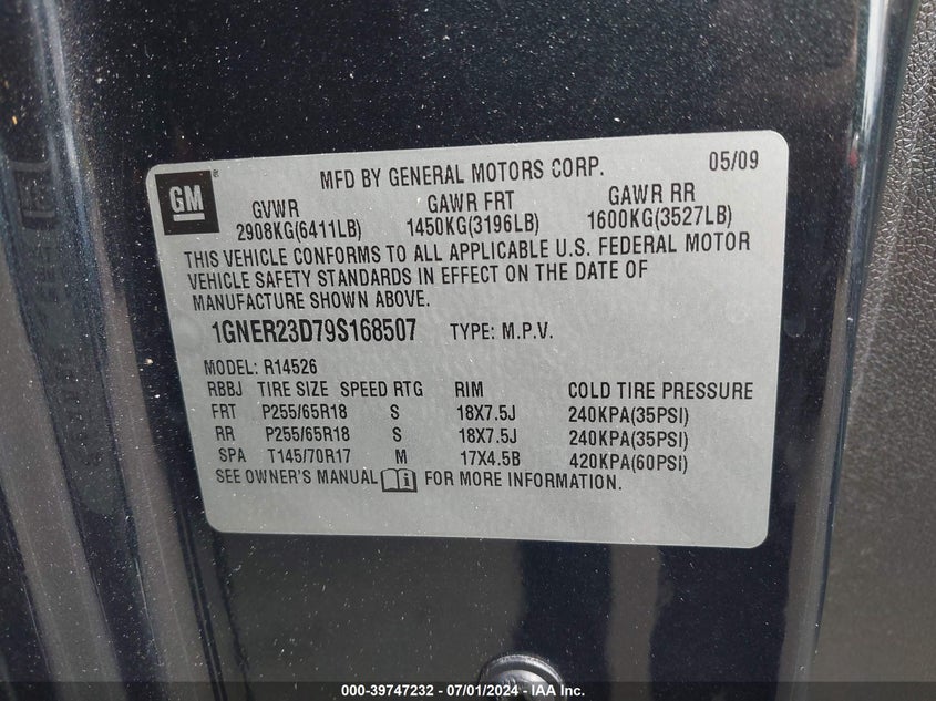 2009 Chevrolet Traverse Lt VIN: 1GNER23D79S168507 Lot: 39747232