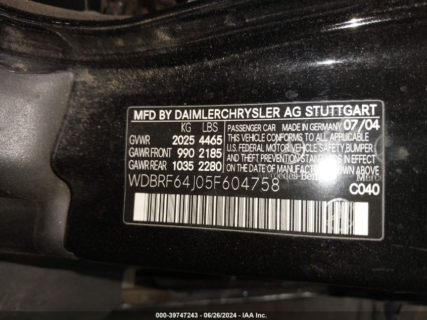 2005 Mercedes-Benz C 320 320 VIN: WDBRF64J05F604758 Lot: 39747243