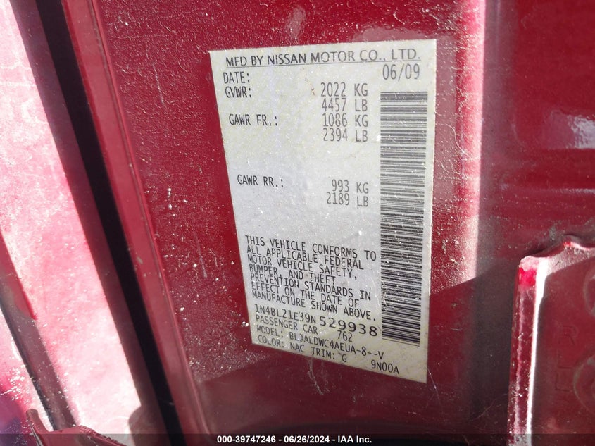 2009 Nissan Altima 3.5 Se VIN: 1N4BL21E39N529938 Lot: 39747246