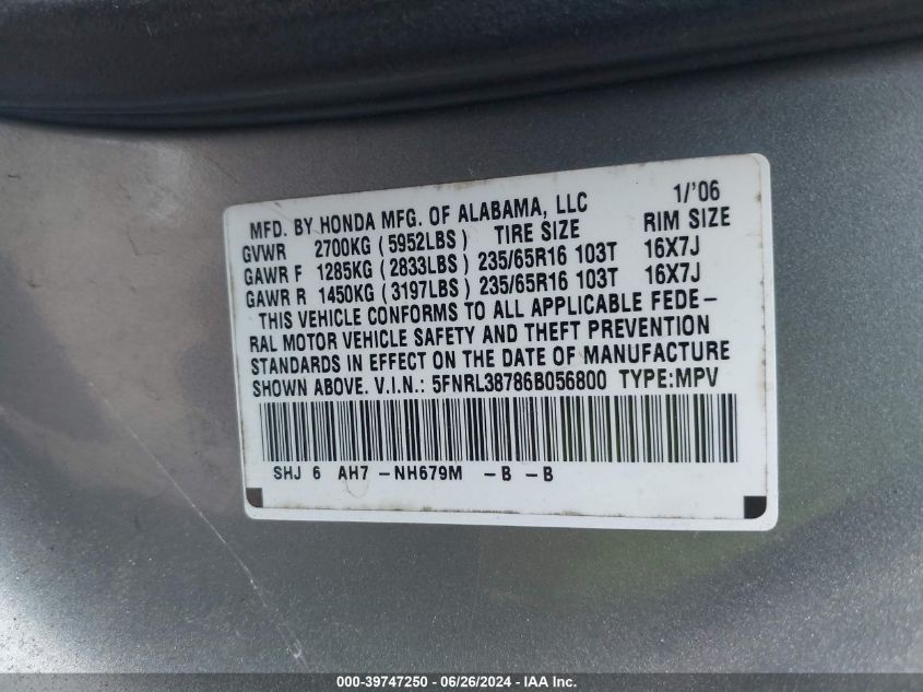 2006 Honda Odyssey Ex-L VIN: 5FNRL38786B056800 Lot: 39747250