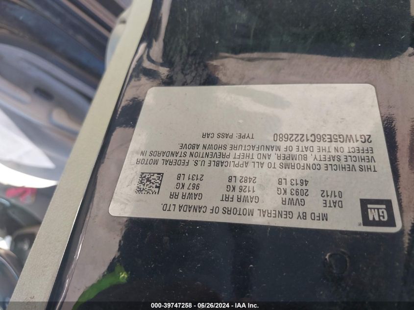 2012 Chevrolet Impala Lt VIN: 2G1WG5E36C1222680 Lot: 39747258