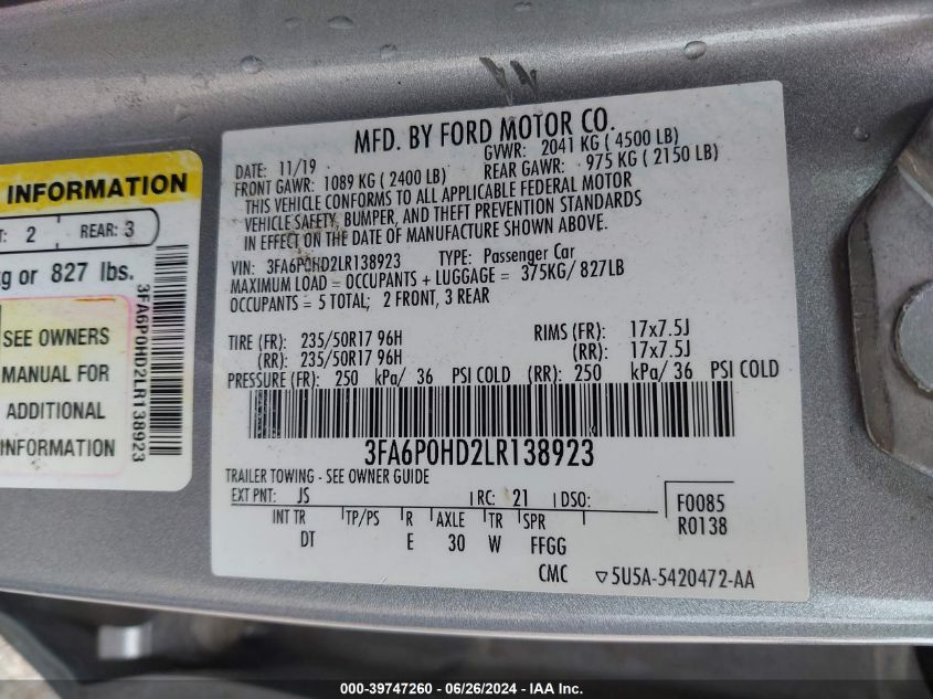 2020 Ford Fusion Se VIN: 3FA6P0HD2LR138923 Lot: 39747260