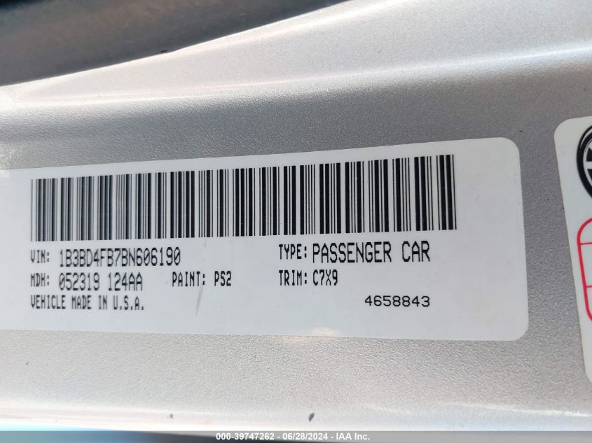 2011 Dodge Avenger Express VIN: 1B3BD4FB7BN606190 Lot: 39747262