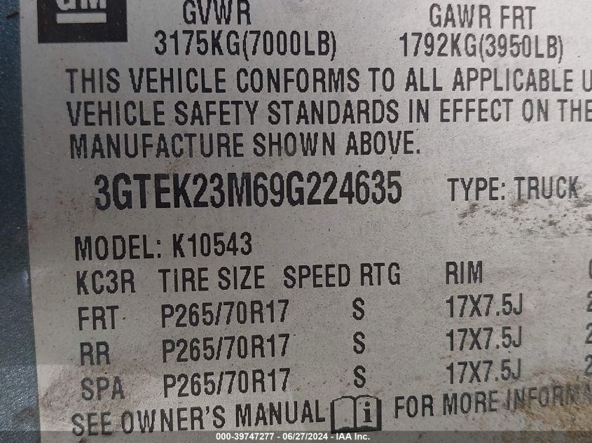 2009 GMC Sierra K1500 Sle VIN: 3GTEK23M69G224635 Lot: 39747277