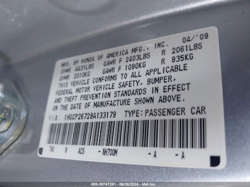 2009 Honda Accord 2.4 Ex VIN: 1HGCP26729A133179 Lot: 39747281
