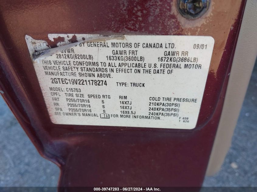 2002 GMC New Sierra C1500 VIN: 2GTEC19V221178274 Lot: 39747283
