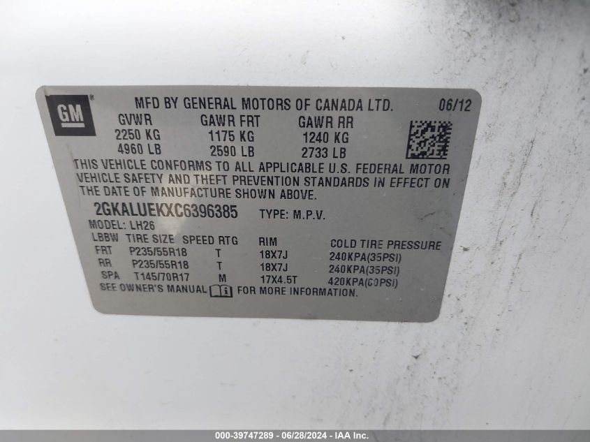 2012 GMC Terrain Slt VIN: 2GKALUEKXC6396385 Lot: 39747289