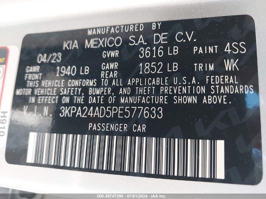 2023 Kia Rio S VIN: 3KPA24AD5PE577633 Lot: 39747290