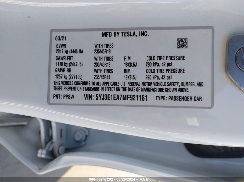 2021 Tesla Model 3 VIN: 5YJ3E1EA7MF921161 Lot: 39747292