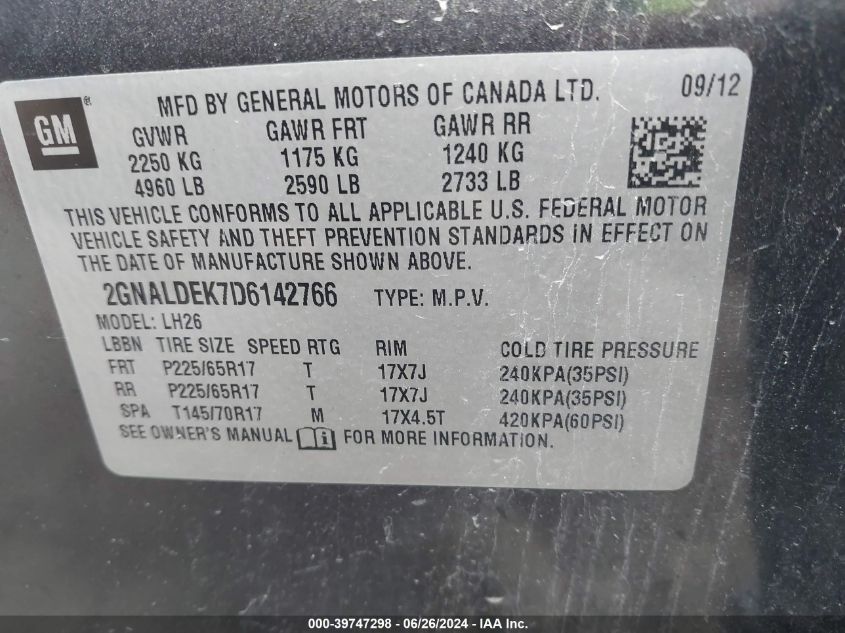 2013 Chevrolet Equinox 1Lt VIN: 2GNALDEK7D6142766 Lot: 39747298